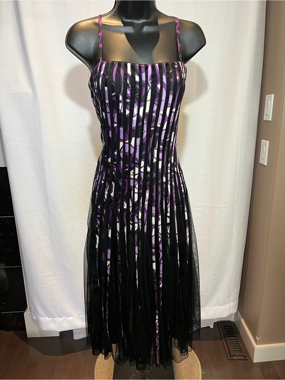 Jessica Black and Purple Striped Overlay Midi Dress